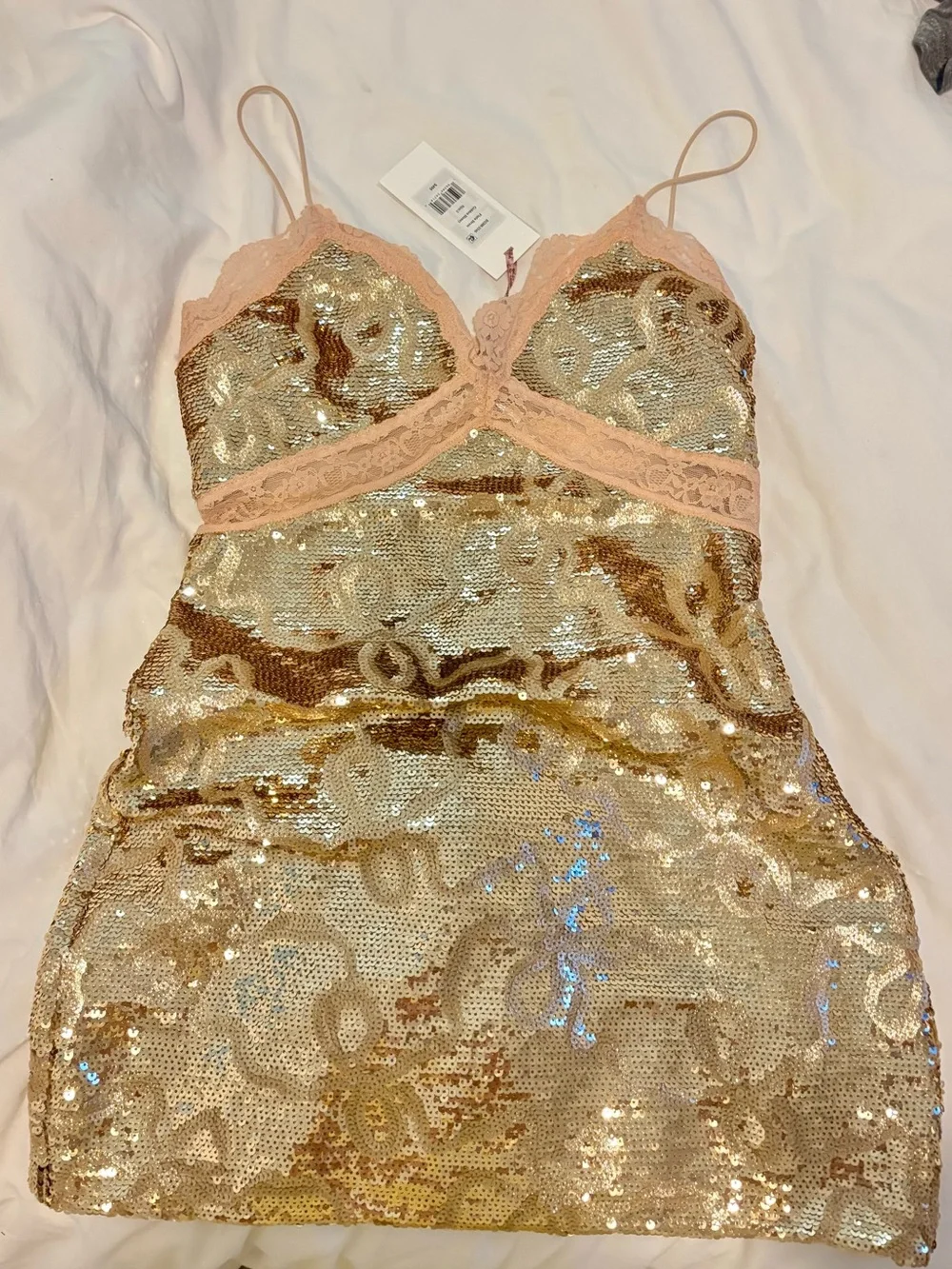 NWT LoveShackFancy gold sequin dress with pink lace size 2